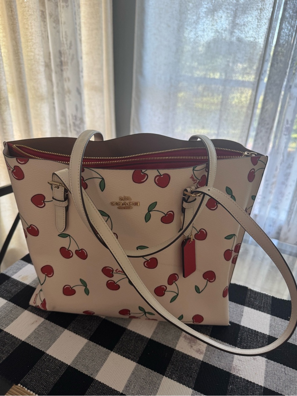 White Cherry Print Tote Bag with Red Accents - Picture 3 of 5